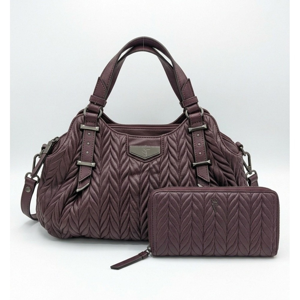 Simply Vera Wang Satchel Bag Burgundy Quilted Faux Leather Crossbody Wallet Set